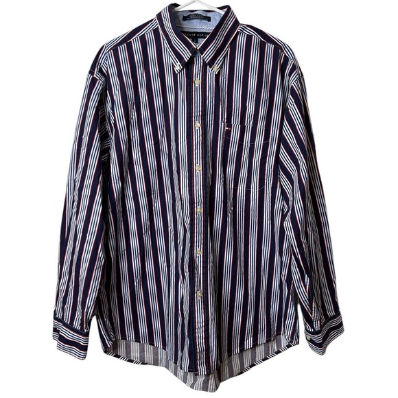 Tommy Hilfiger Button Down Red White Blue Striped Dress Shirt Men's Large Preppy - Picture 1 of 4